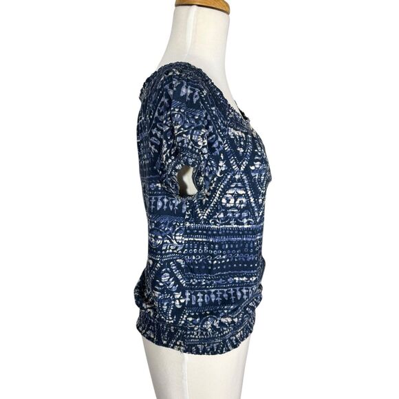 Chaps Denim Smocked Blue Batik Peasant Blouse Sz S Cotton - Picture 4 of 5